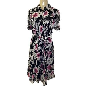 Liberte Ungaro Silk Shirt Dress Button Down Black Floral Short Sleeve Be…